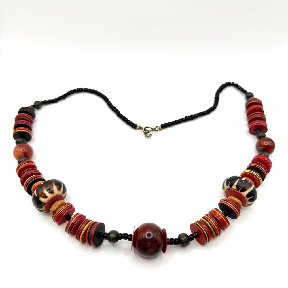 Vintage 80s African Wood Batik Bone Bead Red Multi Color Vinyl Disc Necklace